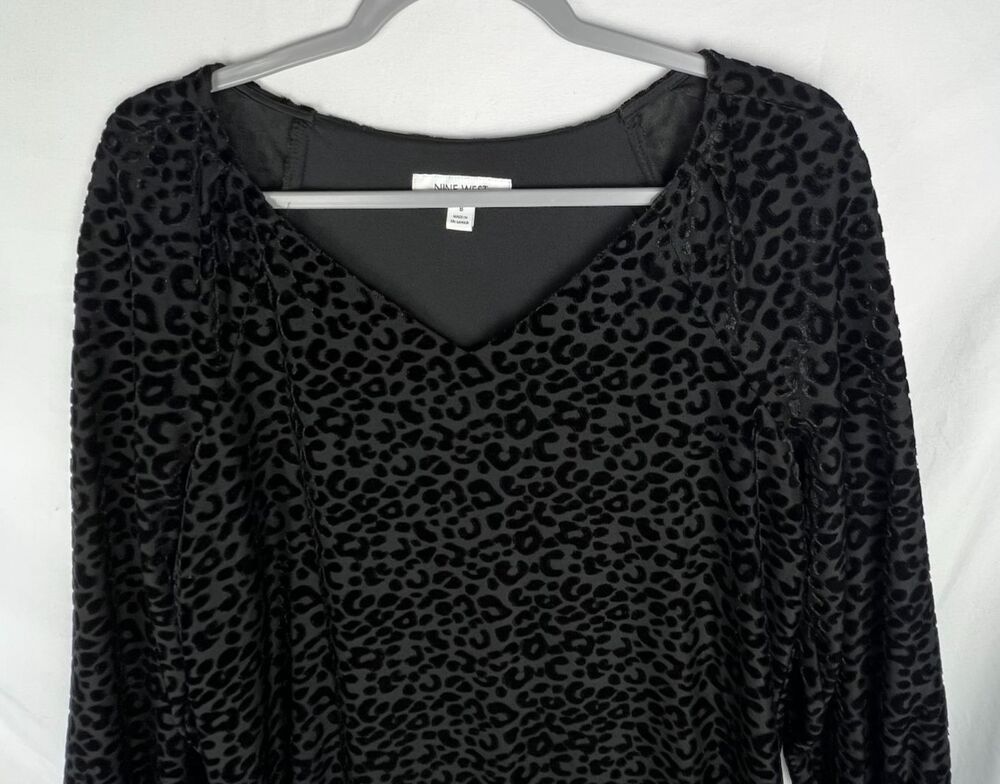 NINE WEST Size 8 Black Leopard Velvet Burnout Dress Long Sleeve Ruffle Shift - Picture 2 of 12